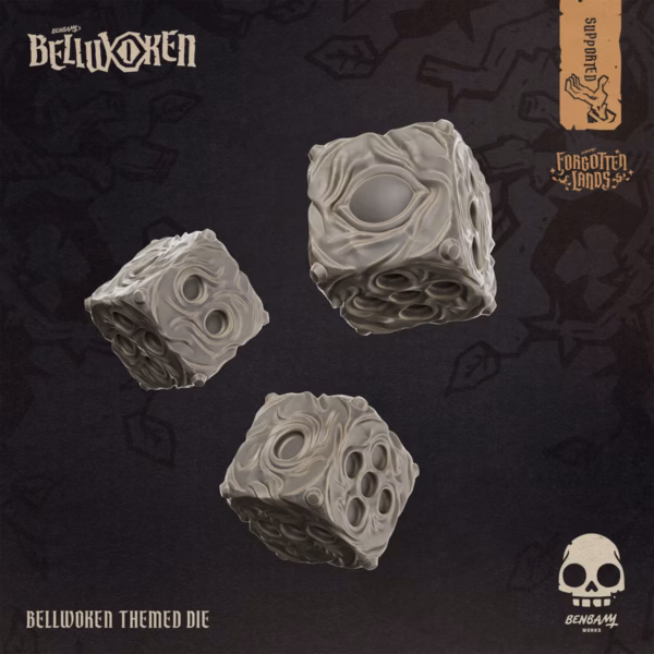 Bellwoken themed d6 dice, sculpted with eye-and-pip faces, by Yellow Imp Miniatures